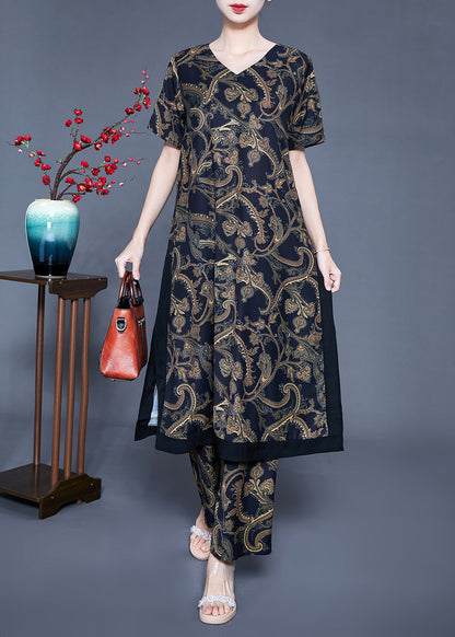 Black V Neck Side Open Print Silk Two Pieces Set Summer