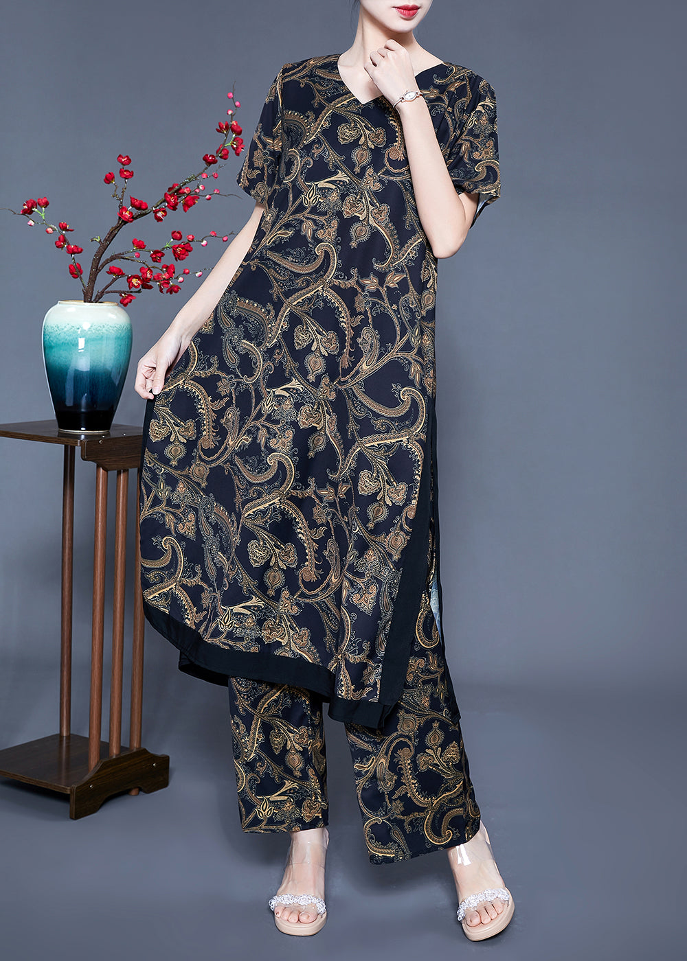 Black V Neck Side Open Print Silk Two Pieces Set Summer