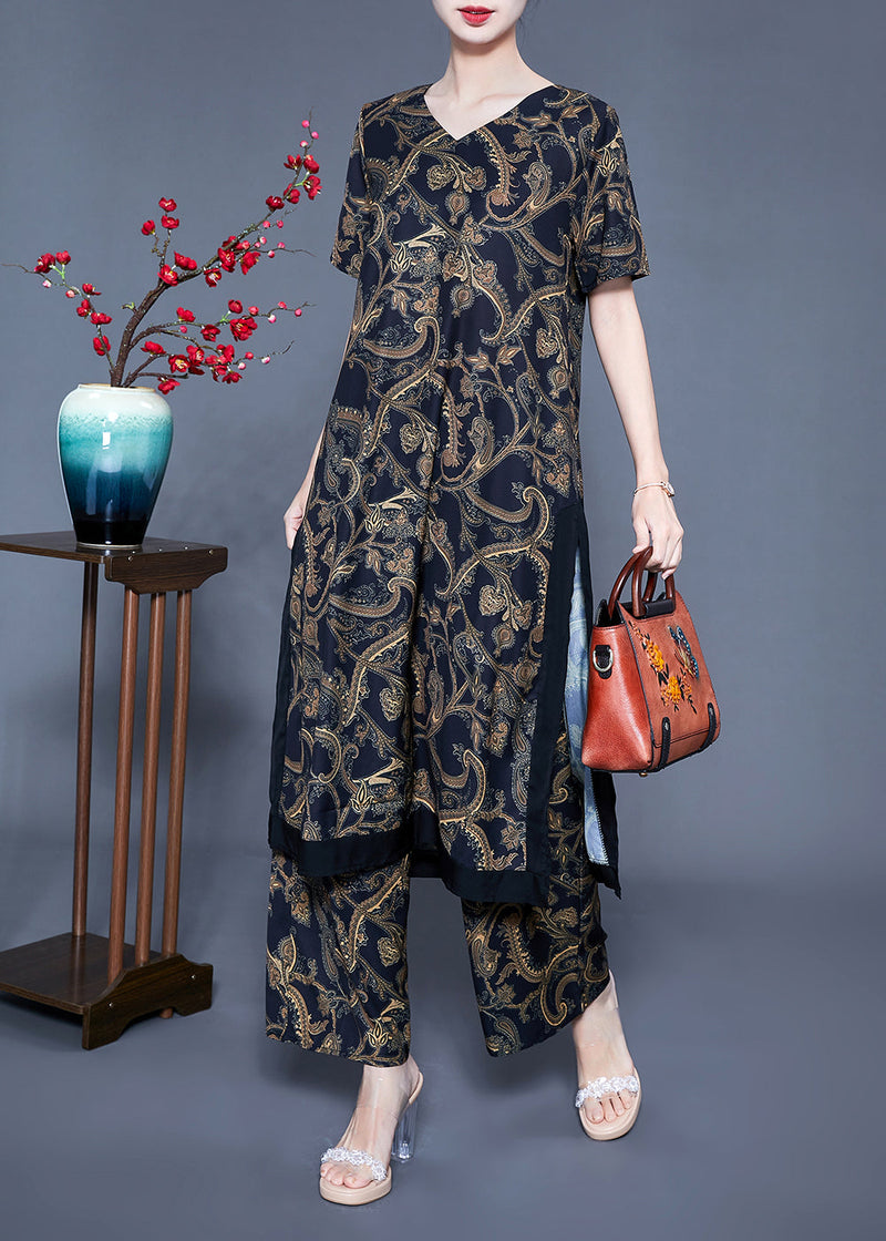 Black V Neck Side Open Print Silk Two Pieces Set Summer