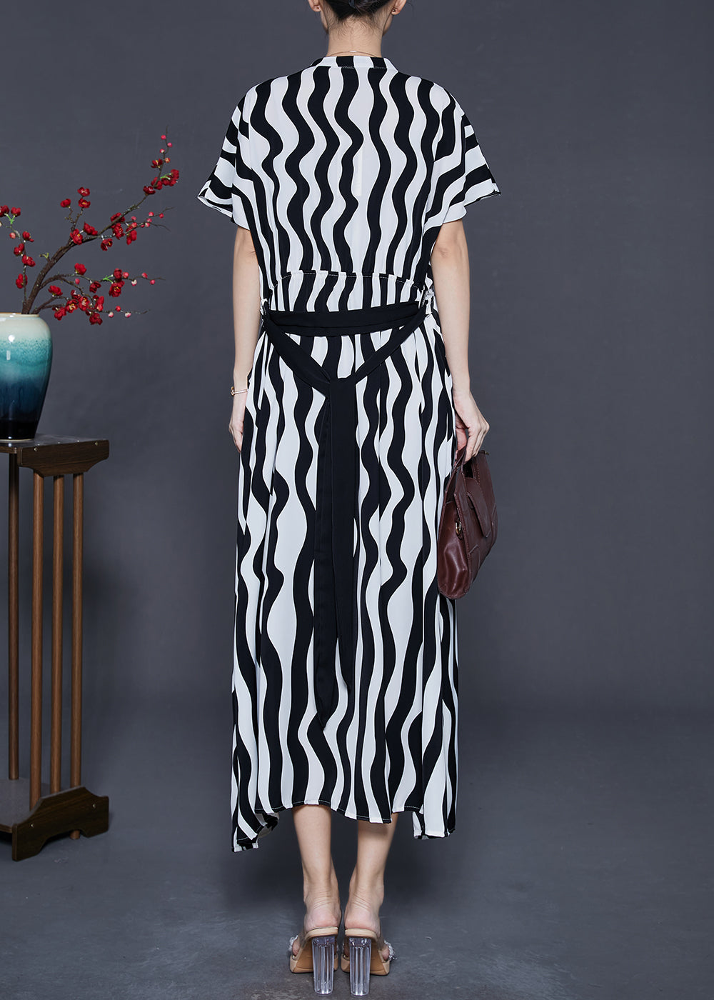 Black V Neck Striped Chiffon Dress Summer