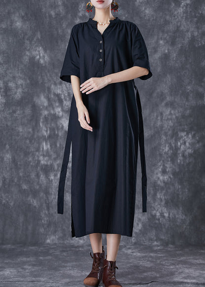 Black V Neck Tie Waist Cotton Holiday Dress Summer