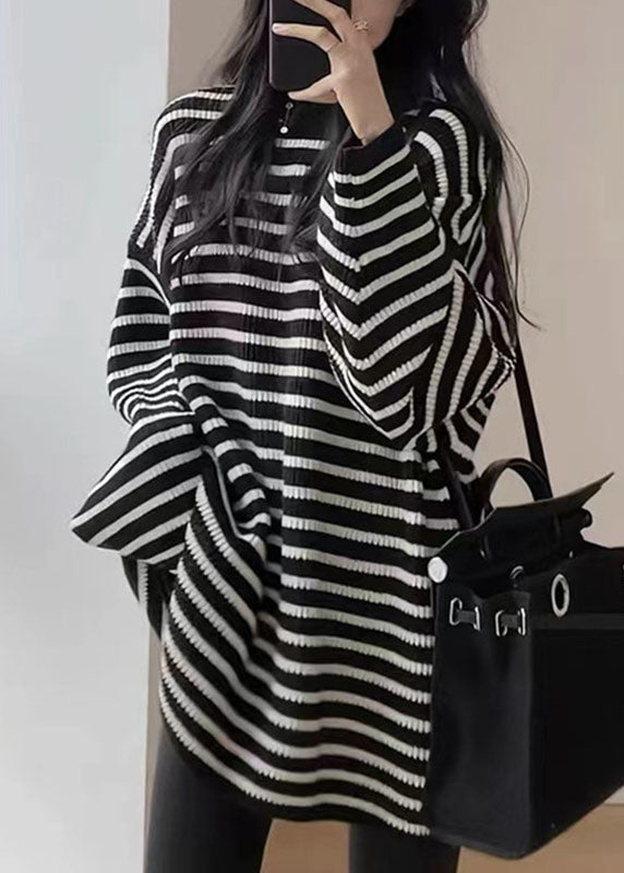 Black White Striped O-neck Cozy Mid Knit Sweater Fall
