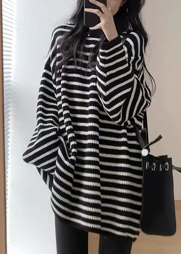 Black White Striped O-neck Cozy Mid Knit Sweater Fall