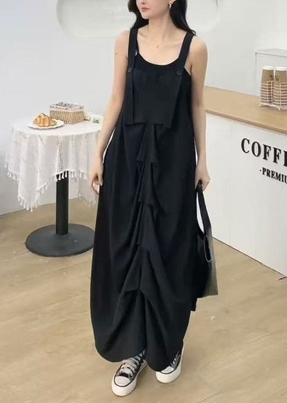 Black Wrinkled Cotton Cami Dresses Summer