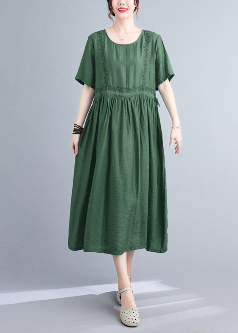 Blackish Green Embroideried Cinched Linen Silk Dress Summer