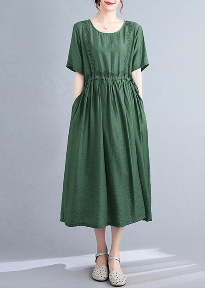 Blackish Green Embroideried Cinched Linen Silk Dress Summer