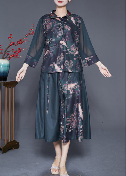 Blackish Green Embroidered Patchwork Print Silk Two Pieces Set Summer