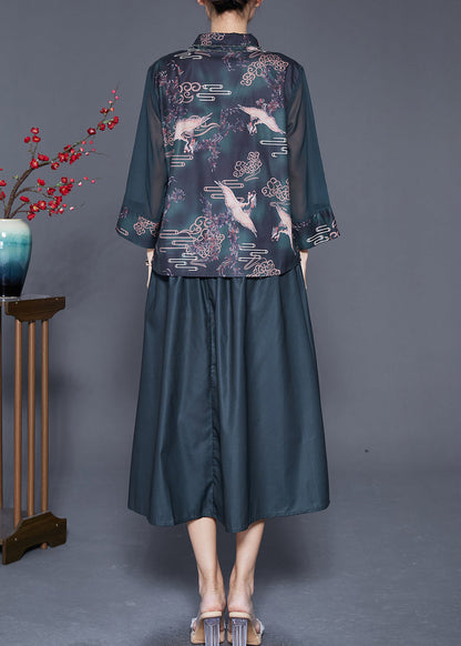 Blackish Green Embroidered Patchwork Print Silk Two Pieces Set Summer