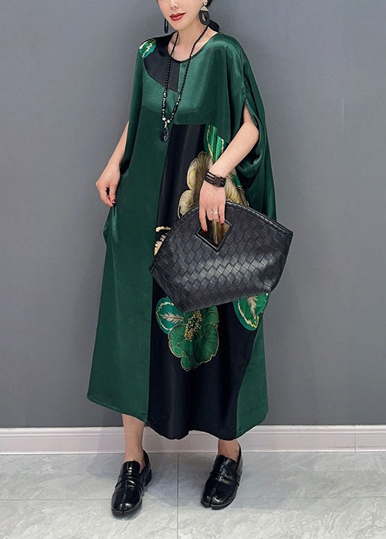 Blackish Green Oversized Patchwork Print Silk Dress Batwing Sleeve
