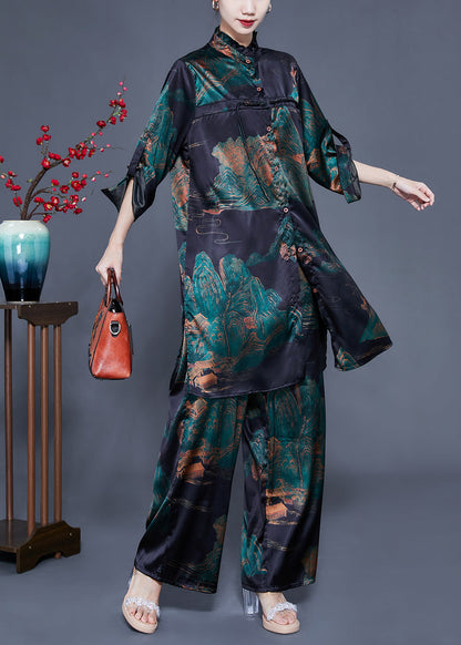 Blackish Green Print Ruffled Tassel Side Open Silk Two Pieces Set Spring
