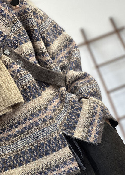 Blue Asymmetrical Oversized Print Wool Knit Cardigan Winter