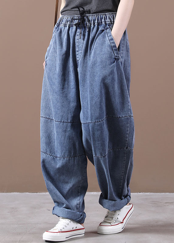 Blue Cinched Pockets Denim Pants Spring