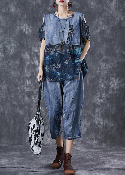 Blue Cold Shoulder Patchwork 2 Piece Outfit Summer