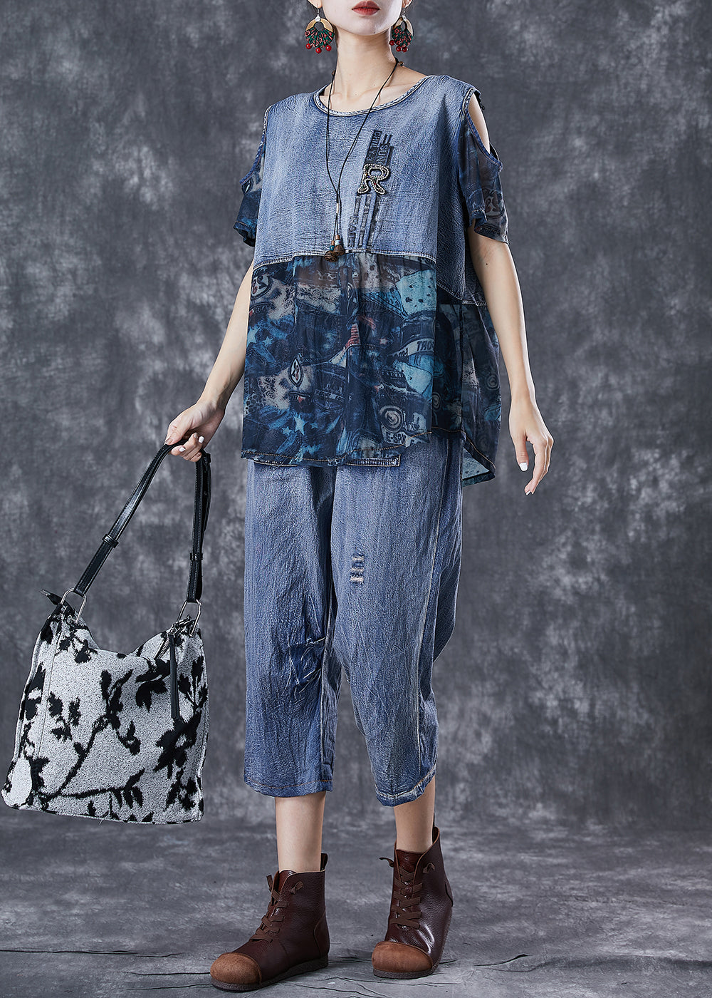 Blue Cold Shoulder Patchwork 2 Piece Outfit Summer