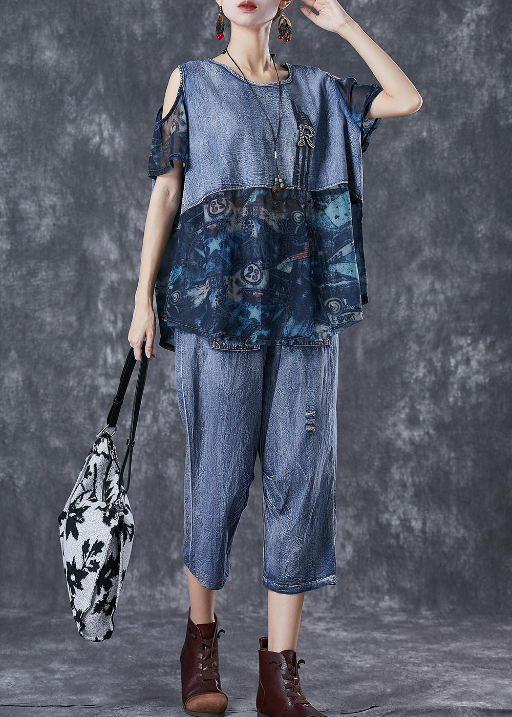 Blue Cold Shoulder Patchwork 2 Piece Outfit Summer
