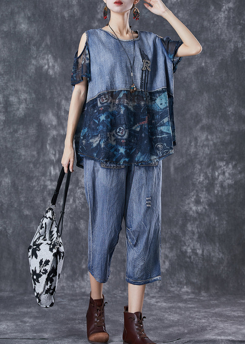 Blue Cold Shoulder Patchwork 2 Piece Outfit Summer