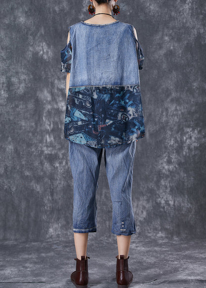 Blue Cold Shoulder Patchwork 2 Piece Outfit Summer