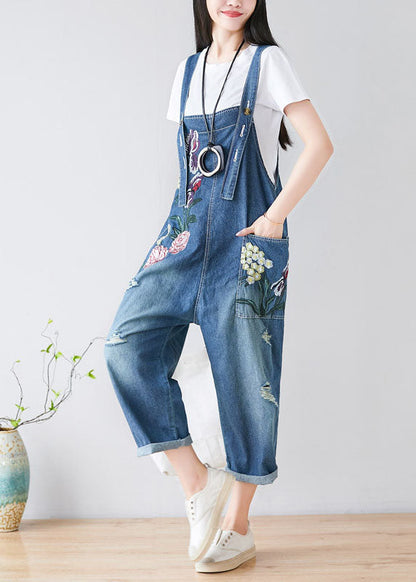 Blue Embroidered Cotton Denim Jumpsuits Spring