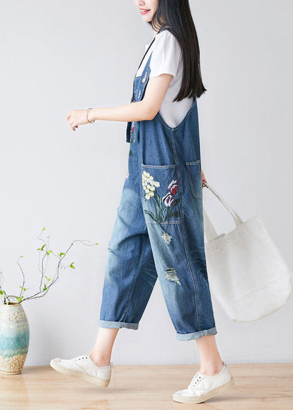 Blue Embroidered Cotton Denim Jumpsuits Spring