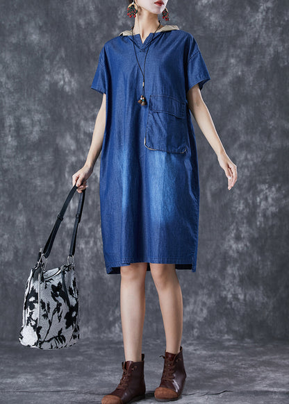 Blue Hooded Patchwork Pocket Denim Mid Dress Summer