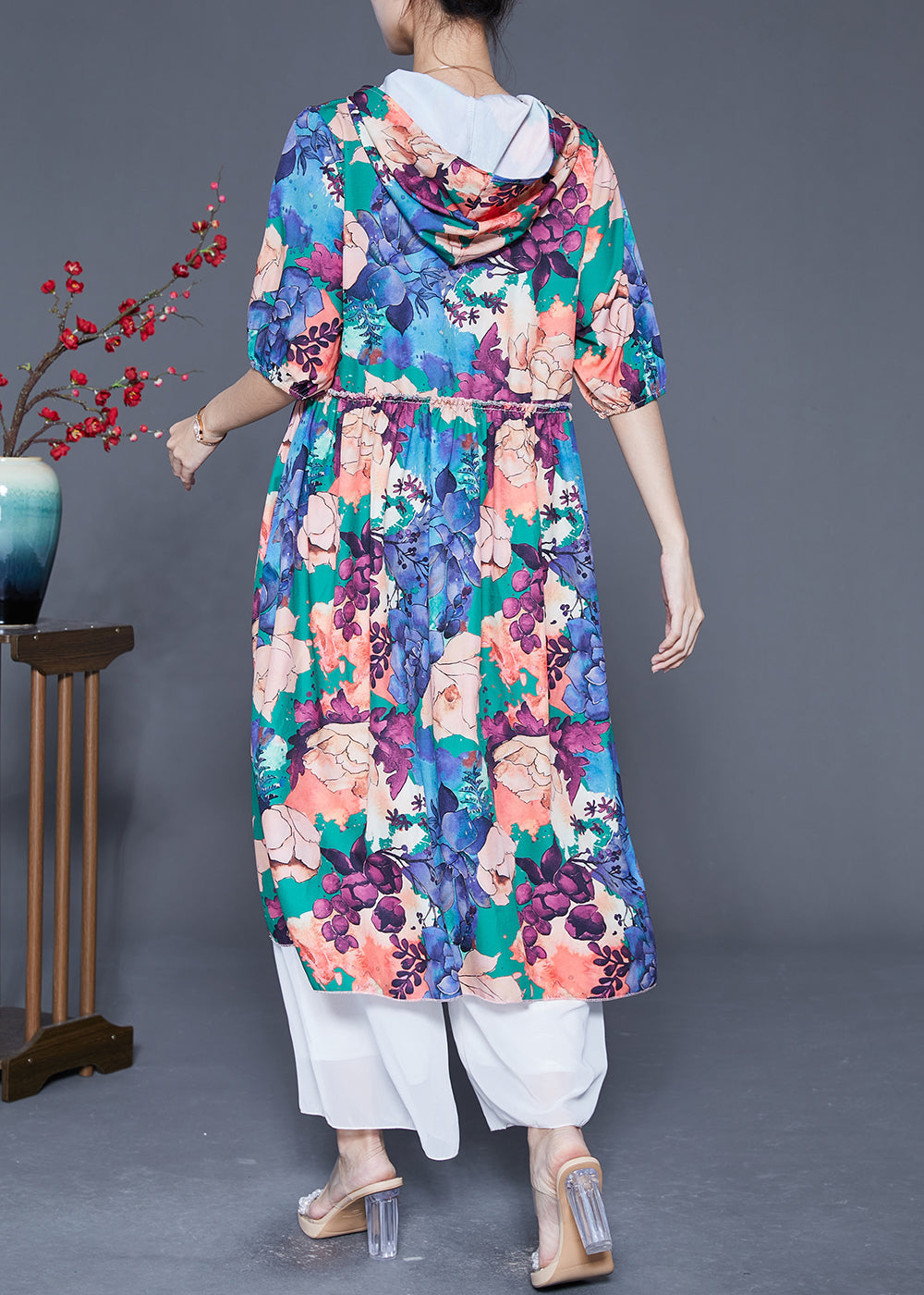 Blue Hooded Ruffled Print Silk Maxi Dresses Summer