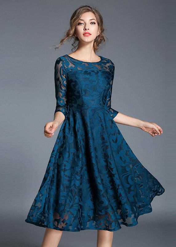 Blue Jacquard Wrinkled Patchwork Lace Mid Dress Summer