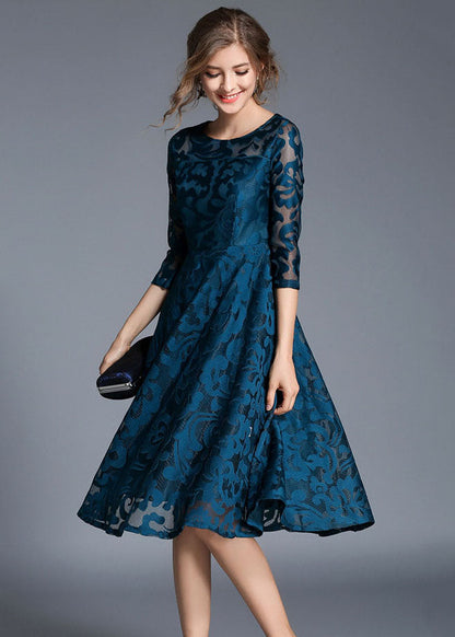 Blue Jacquard Wrinkled Patchwork Lace Mid Dress Summer