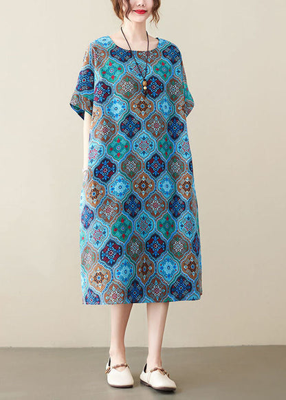 Blue O-neck Print Pockets Linen Dress Short Sleeve