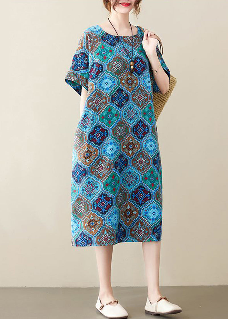 Blue O-neck Print Pockets Linen Dress Short Sleeve
