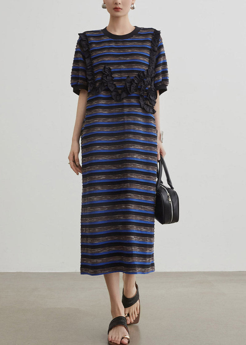 Blue O-neck Striped Long Dress Short Sleeve