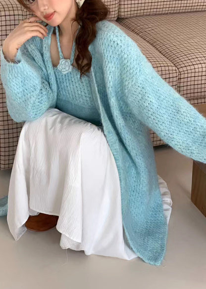 Blue Oversized Decorated Knit Two Pieces Set Winter