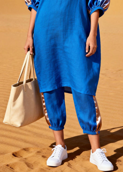 Blue Oversized Patchwork Silk Cotton Two Pieces Set Summer