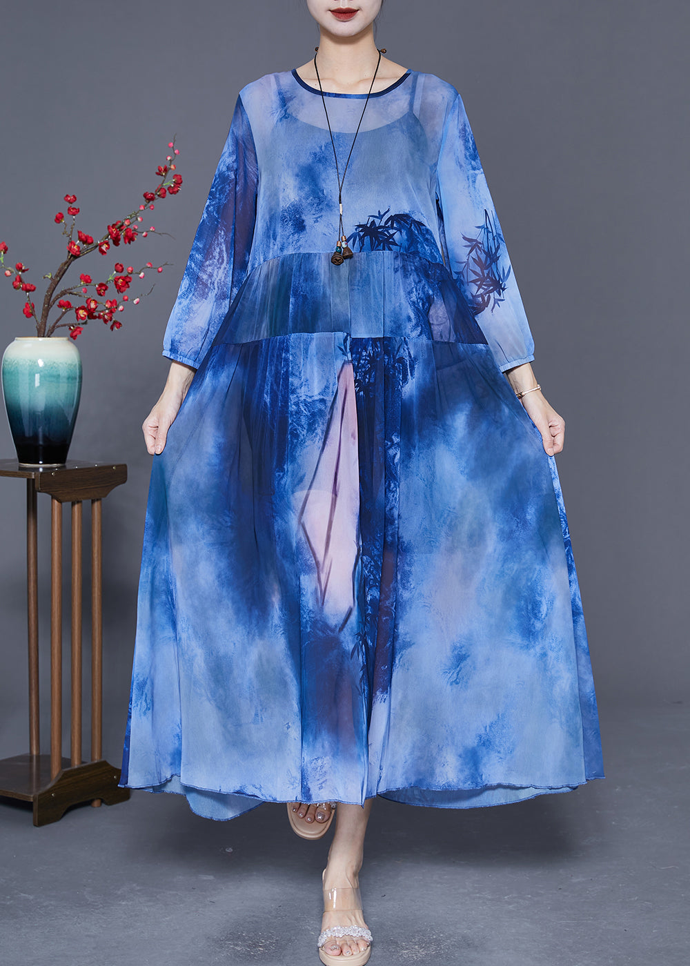 Blue Oversized Patchwork Tie Dye Chiffon Maxi Dresses Summer