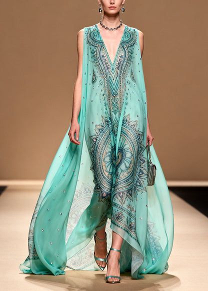 Blue Oversized Print Rhinestone Chiffon Beach Dress Summer