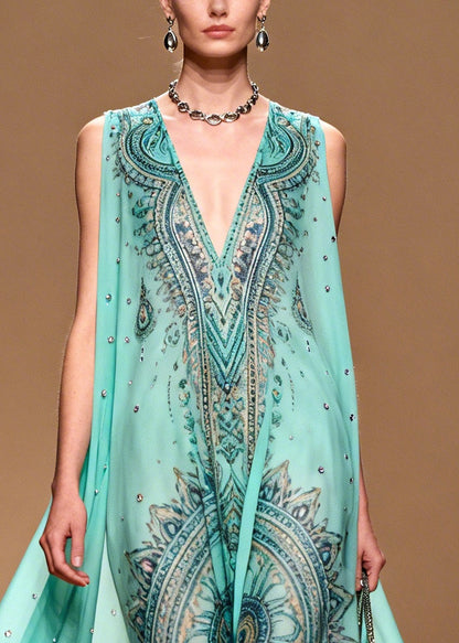 Blue Oversized Print Rhinestone Chiffon Beach Dress Summer