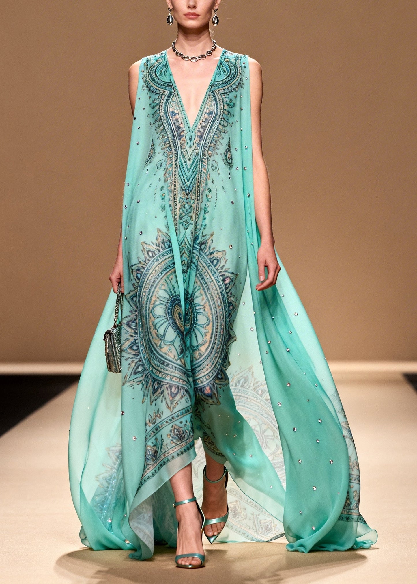 Blue Oversized Print Rhinestone Chiffon Beach Dress Summer