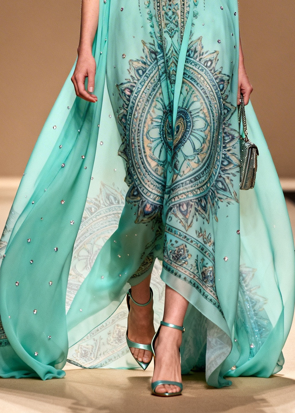Blue Oversized Print Rhinestone Chiffon Beach Dress Summer
