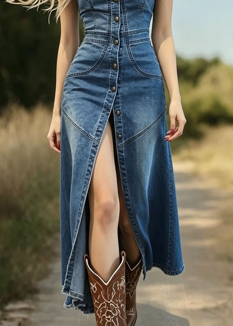 Blue Patchwork Side Open Denim Spaghetti Strap Dress Summer