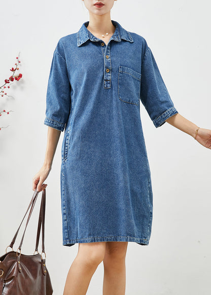 Blue Peter Pan Collar Cinched Denim Dress Half Sleeve