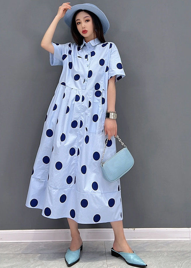 Blue Peter Pan Collar Dot Print Pockets Shirt Dresses Short Sleeve