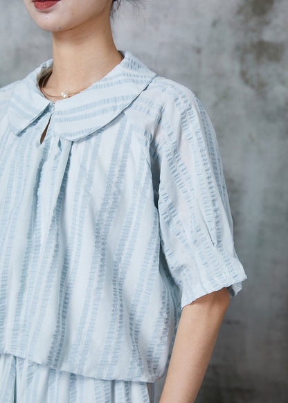 Blue Peter Pan Collar Wrinkled Cotton Two Pieces Set Summer