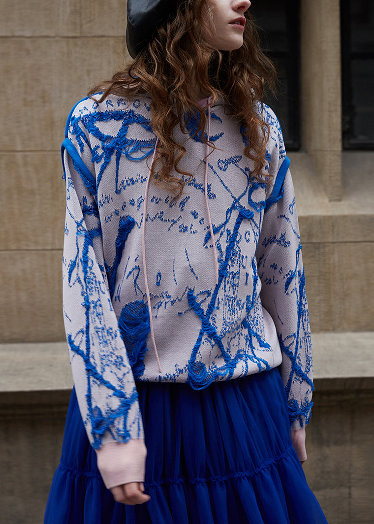 Blue Pink Hooded Jacquard Knit Sweater Fall