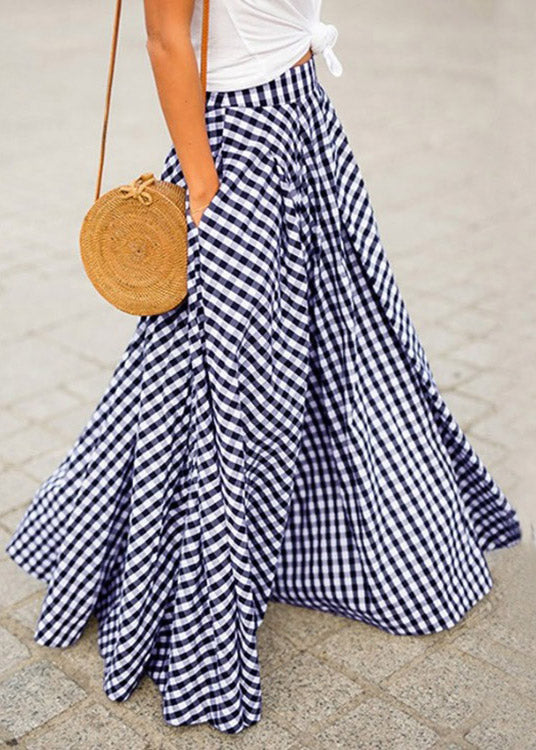 Blue Plaid Draping High Waist Maxi Skirt Summer