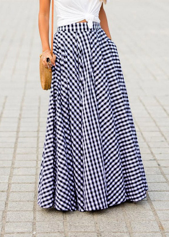 Blue Plaid Draping High Waist Maxi Skirt Summer