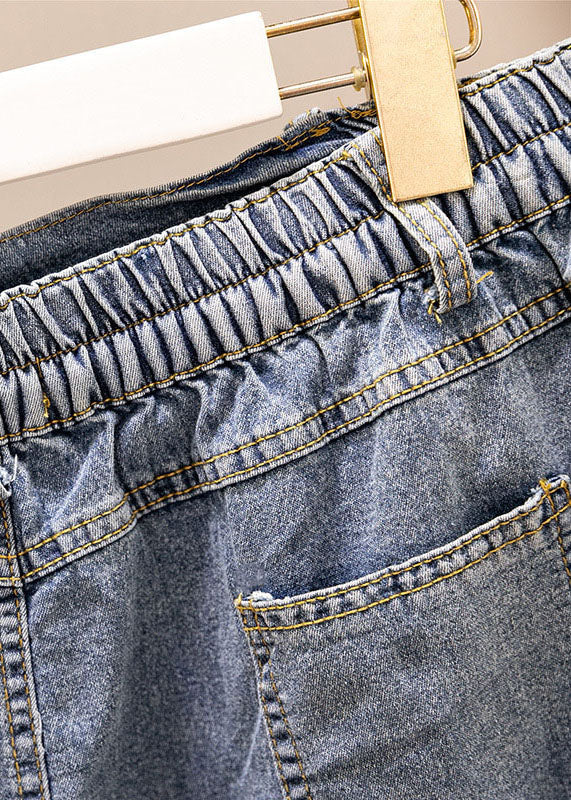 Blue Pockets Elastic Waist Patchwork Denim Skirt Summer