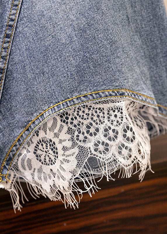 Blue Pockets Elastic Waist Patchwork Denim Skirt Summer