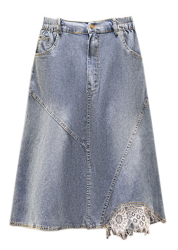 Blue Pockets Elastic Waist Patchwork Denim Skirt Summer