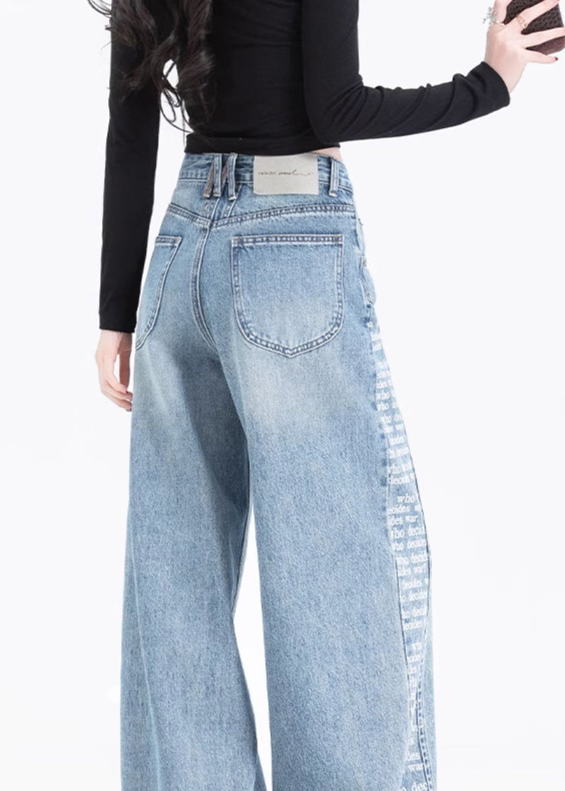Blue Pockets Print Patchwork Denim Pants Spring