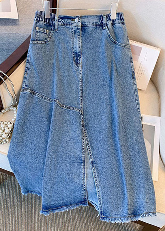 Blue Pockets Side Open Patchwork Denim Skirts Summer