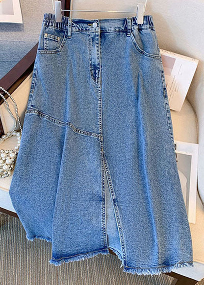 Blue Pockets Side Open Patchwork Denim Skirts Summer